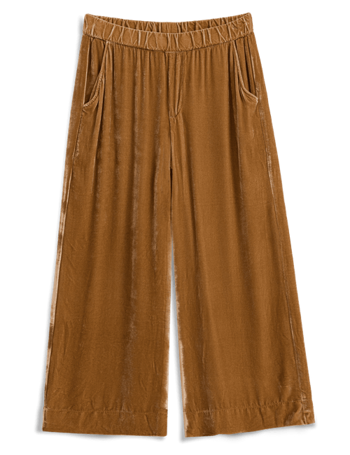 A pair of wide-leg cropped pants in a gold velvet fabric, featuring an elastic waistband and side pockets, shown against a plain white background., view 4