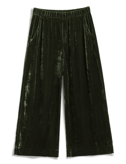 Dark forest green velvet wide-leg cropped pants with an elastic waistband and side pockets, shown flat on a white background., view 6