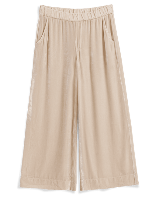 Beige wide-leg cropped pants with an elastic waistband and side pockets, shown flat against a white background., view 4