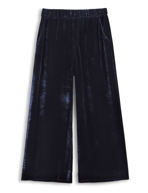 Navy velvet wide-leg pants on a transparent background, view 4