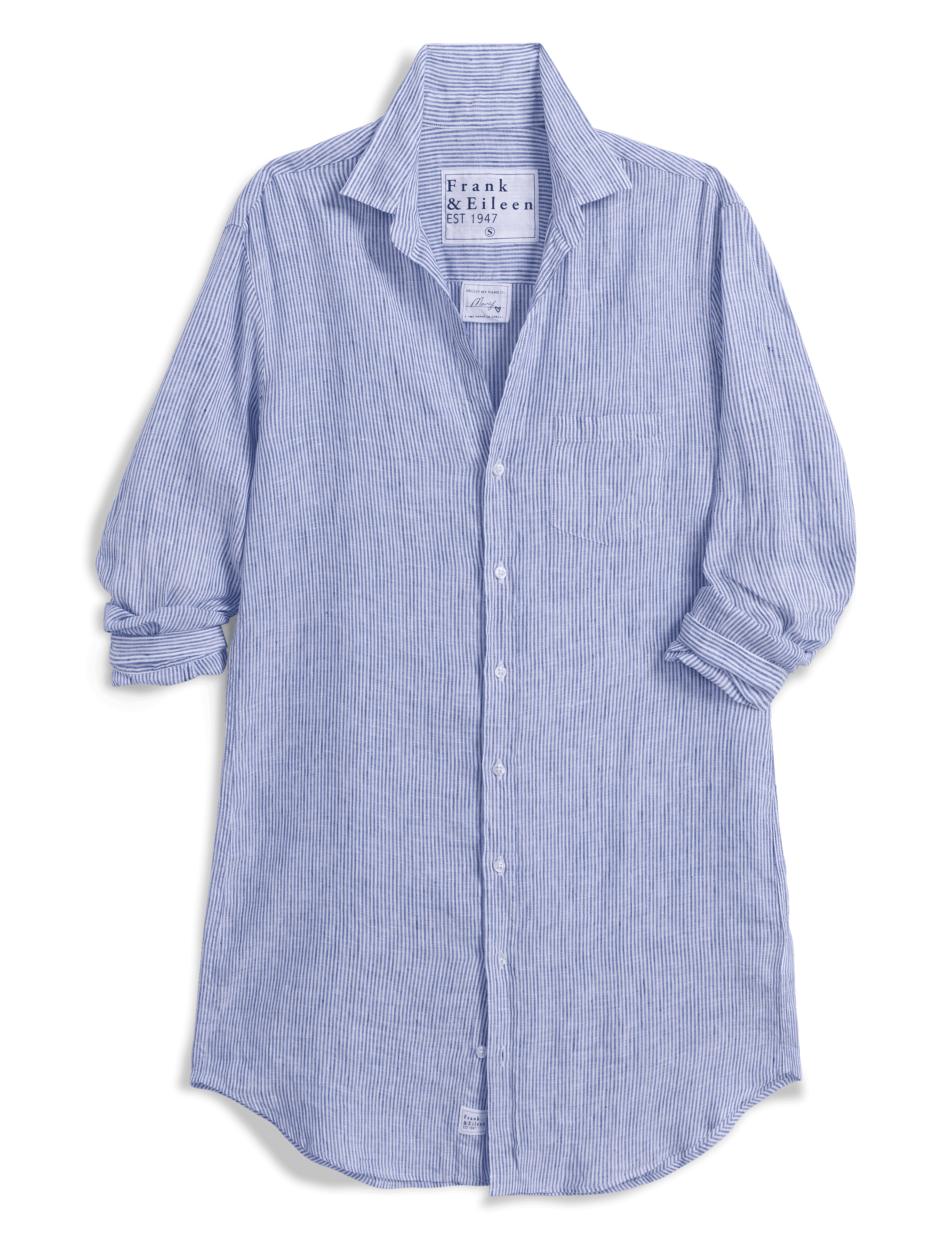 Blue striped dress with rolled-up sleeves on a transparent background, view 4