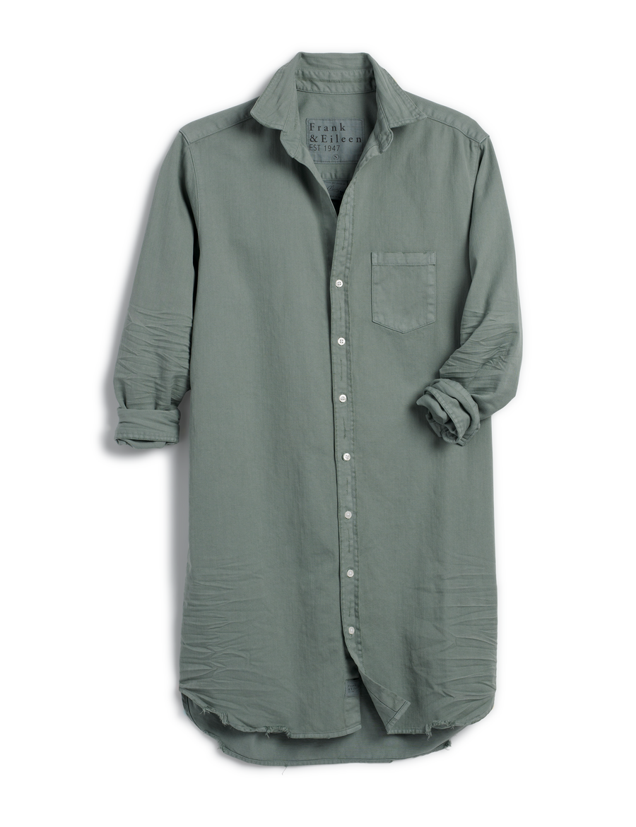 Flat front of Green Frank & Eileen Mary Classic Shirtdress in Famous Denim