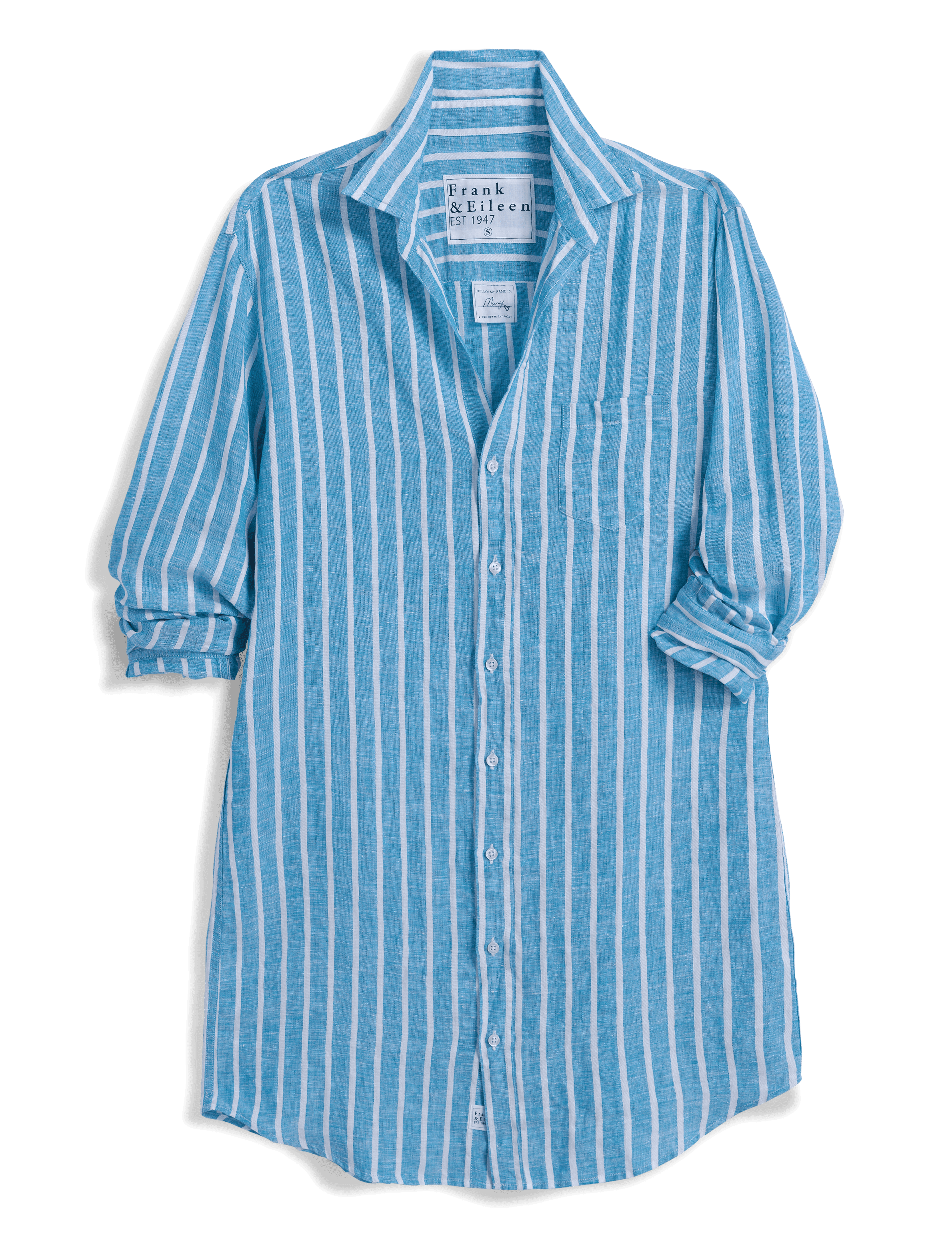 Blue and white striped shirt with brand label on a transparent background, view 4