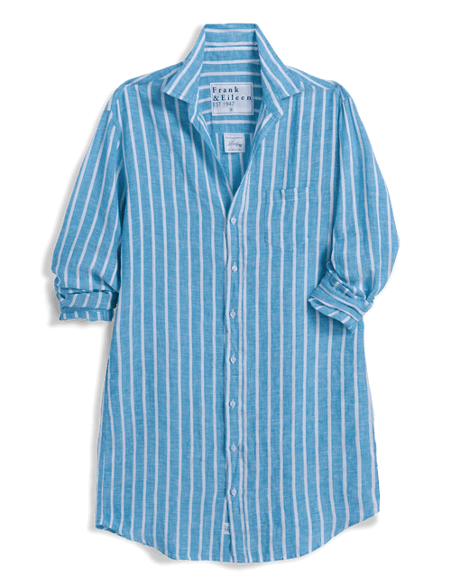 Blue and white striped shirt with brand label on a transparent background, view 4