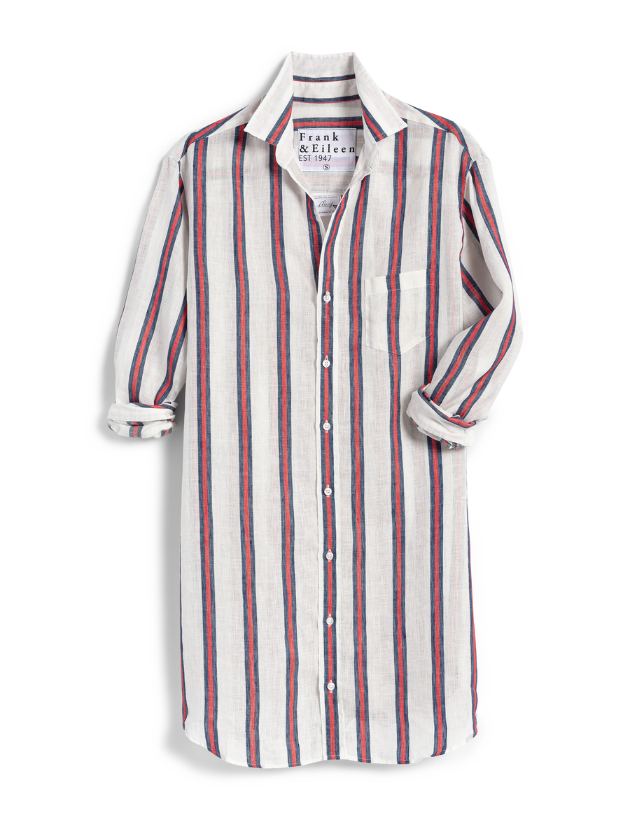 Flat front of Red and Navy Stripes Frank & Eileen Mary Classic Shirtdress in Classic Linen