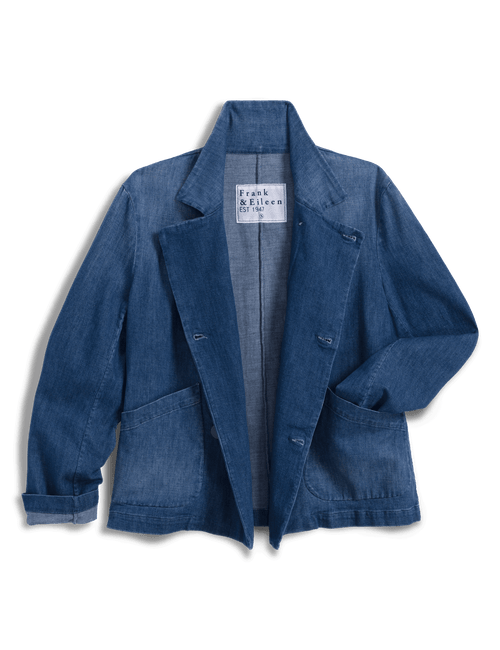 Blue jacket with a brand label on a transparent background, front view