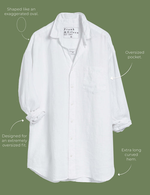 Lay flat image of the Mackenzie button-up shirt. Arrows are pointing to different areas of the shirt and text highlights features including shaped like an exaggerated oval, oversized pocket, designed for an extremely oversized fit, extra long curved hem., view 4