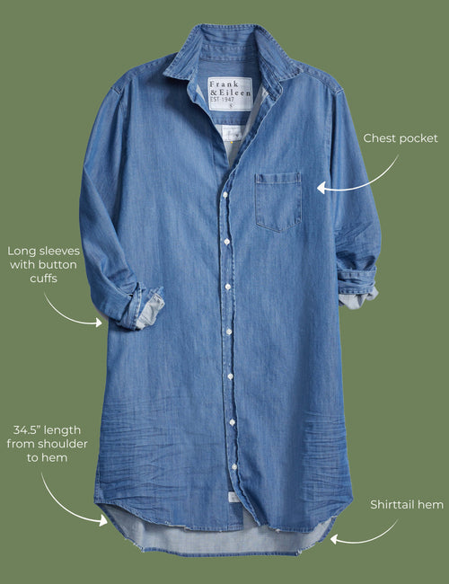 Lay flat image of the Mary dress. Arrows are pointing to different areas of the dress and text highlights features including chest pocket, long sleeves with button cuffs, 34.5" length from shoulder to hem, shirttail hem. , view 5