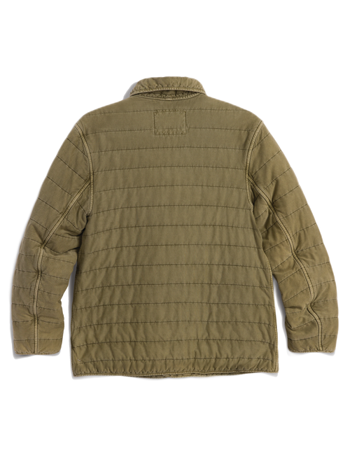 An olive green quilted jacket shown from the back, featuring horizontal quilting and a collar, photographed on a clean white background., view 8