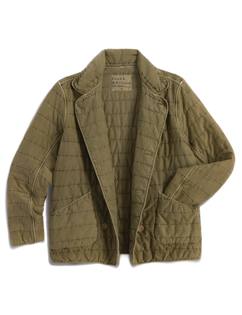 An olive green quilted jacket by Frank & Eileen, featuring a pointed collar, button closure, and front patch pockets, shown flat on a white background., view 7