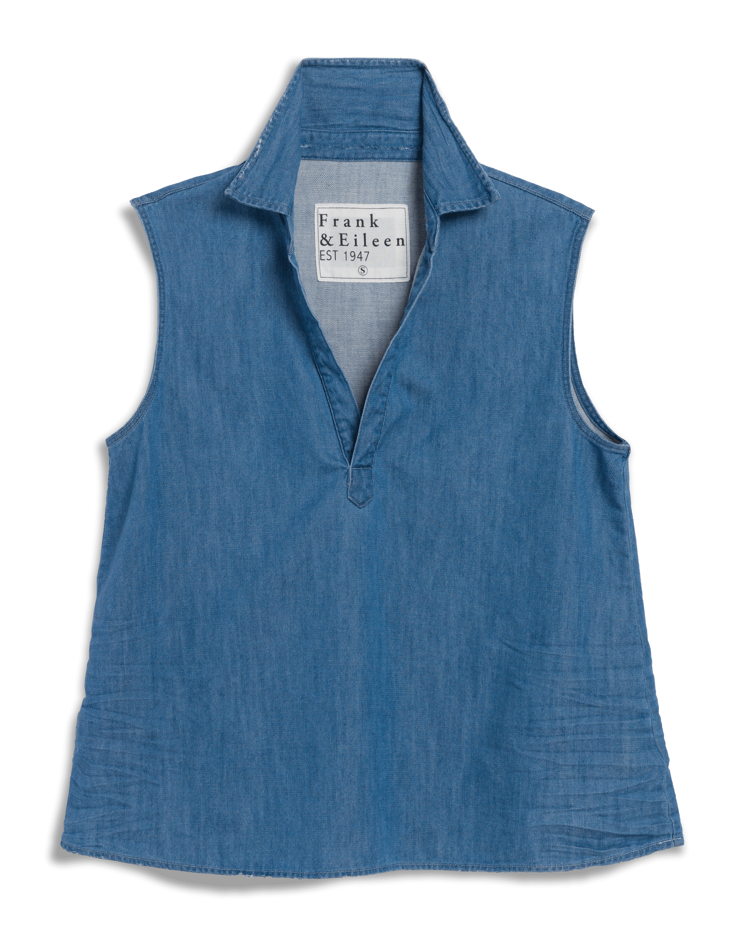 Blue sleeveless shirt with a visible brand label on a black background, view 6