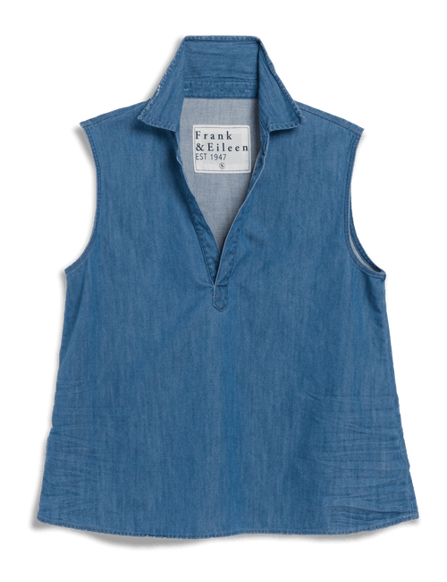 Blue sleeveless shirt with a visible brand label on a black background, view 4