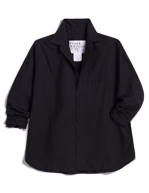 A black long-sleeve button-up shirt by Frank & Eileen, featuring a classic collar, a chest pocket, and rolled cuffs, laid flat against a white background., view 6