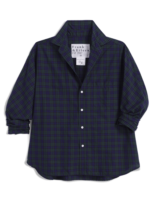 A long-sleeve button-up shirt by Frank & Eileen, featuring a dark navy and green plaid pattern, laid flat against a white background., view 6
