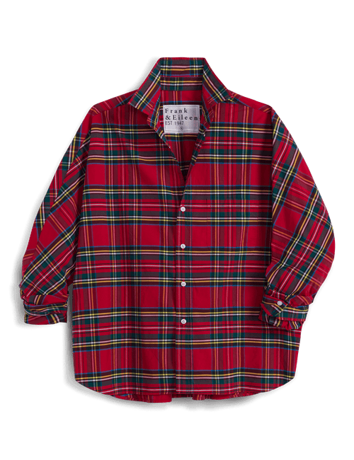 A red long-sleeve plaid button-up shirt by Frank & Eileen, featuring green and yellow stripes over a red base, displayed against a solid black background., view 4