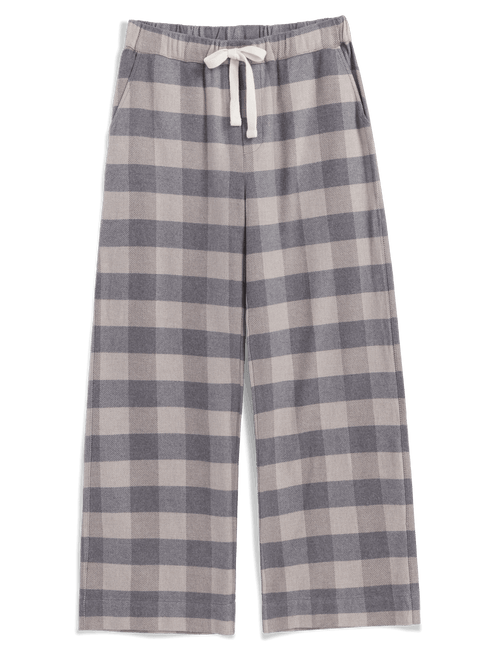 A pair of wide-leg lounge pants in a gray and beige gingham plaid pattern, featuring an elastic waistband with a white drawstring tie., view 4