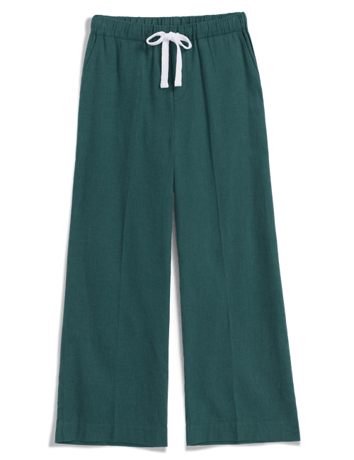 A pair of wide-leg pants in a dark teal green color, featuring an elastic waistband with a white drawstring, shown against a plain white background., view 4