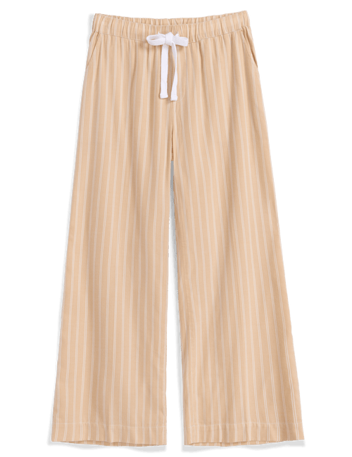 A pair of wide-leg lounge pants in a light yellow and white vertical stripe pattern, featuring an elastic waistband with a white drawstring bow, shown against a plain white background., view 4