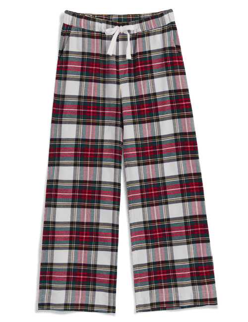 A pair of men's plaid lounge pants in a tartan pattern of red, green, black, and white, featuring an elastic waistband with a white drawstring., view 4