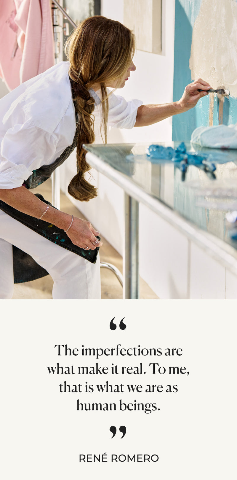 Person in a kitchen setting with a quote by René Romero displayed.
