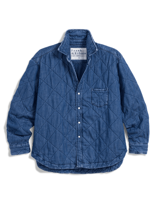 A blue quilted chambray button-up shirt jacket by Frank & Eileen, featuring a diamond-quilted pattern, a chest pocket, and white buttons, shown flat on a white background., view 9