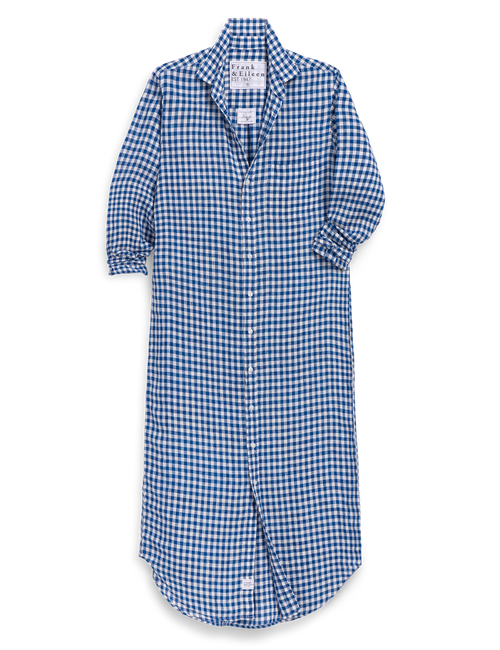 Blue and white checkered shirt dress on a white background, front view