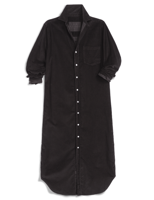 A black long-sleeve button-down shirt dress with a collar, chest pocket, and white buttons, shown flat on a white background., view 5