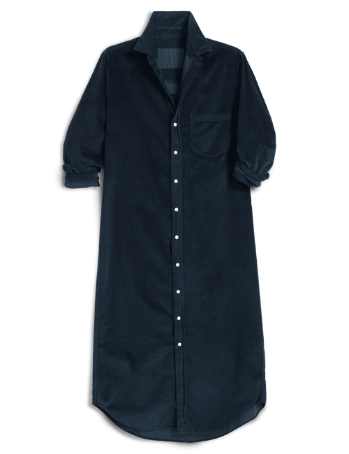 A dark navy corduroy shirt dress with a button-down front, collar, and chest pocket, shown against a plain white background., view 4