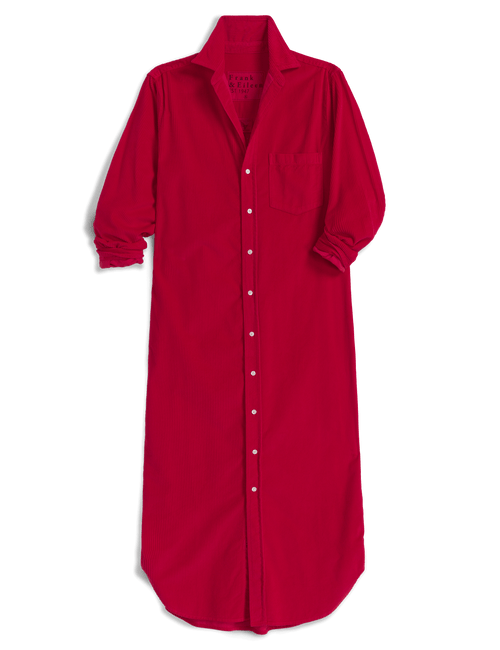 A long-sleeve button-down shirt dress in a vibrant red color, featuring a collar, chest pocket, and white buttons, shown against a plain white background., view 4