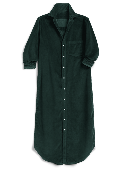A dark forest green long-sleeve button-down shirt dress with a collar, chest pocket, and rolled cuffs, shown against a plain white background., view 4