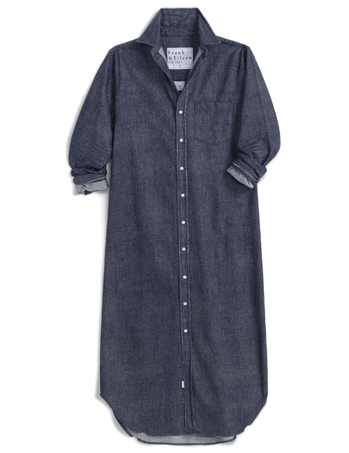 A long-sleeve button-front shirt dress in dark indigo denim, featuring a pointed collar, chest pocket, and rolled cuffs, shown against a plain white background., view 4