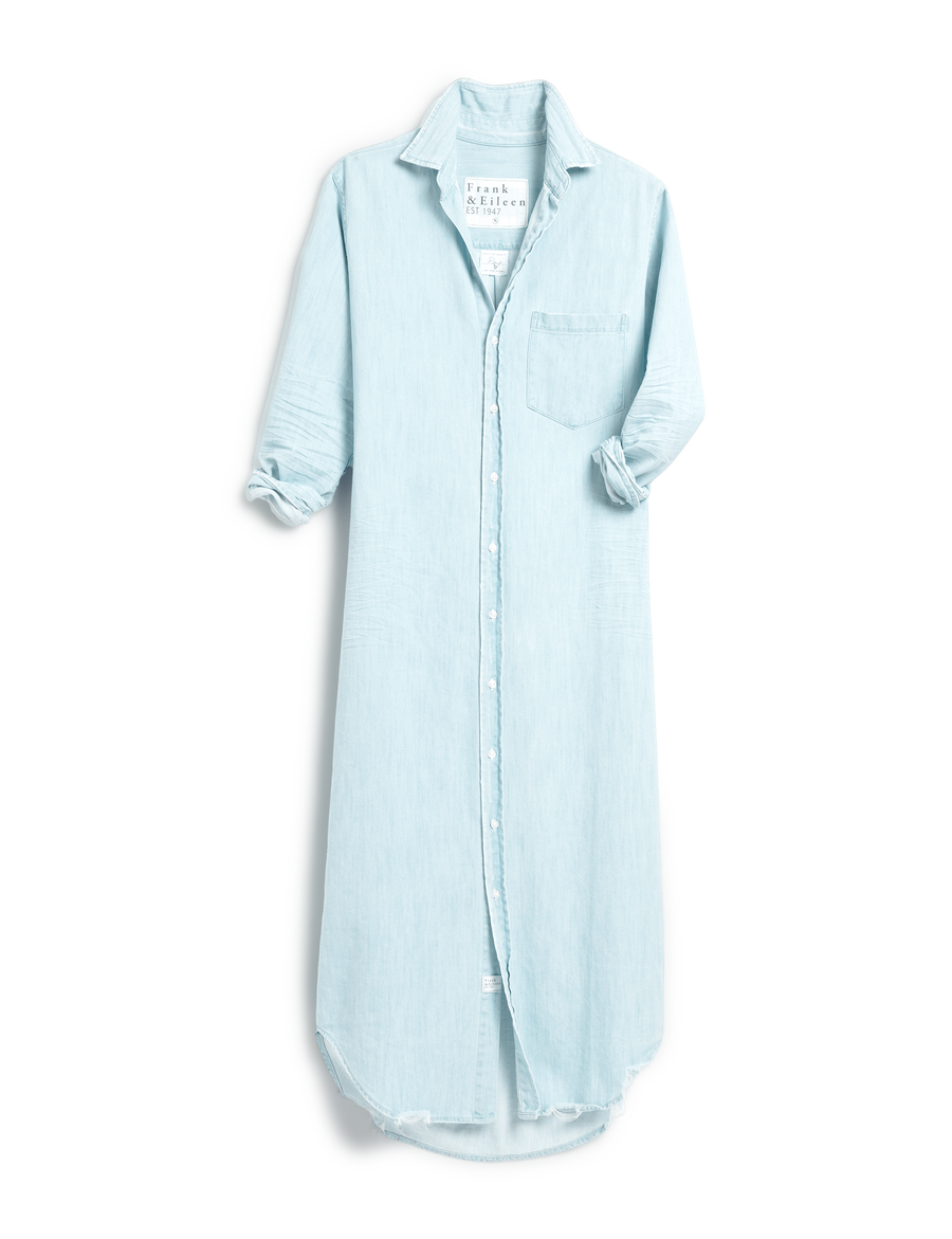 Flat front of Light Blue Wash Frank & Eileen Rory Maxi Shirtdress in Famous Denim