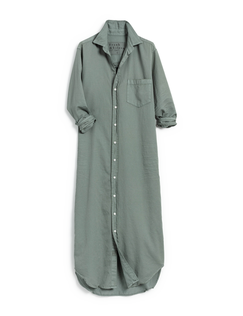 Flat front of person wearing Green Frank & Eileen Rory Maxi Shirtdress in Famous Denim, view 4