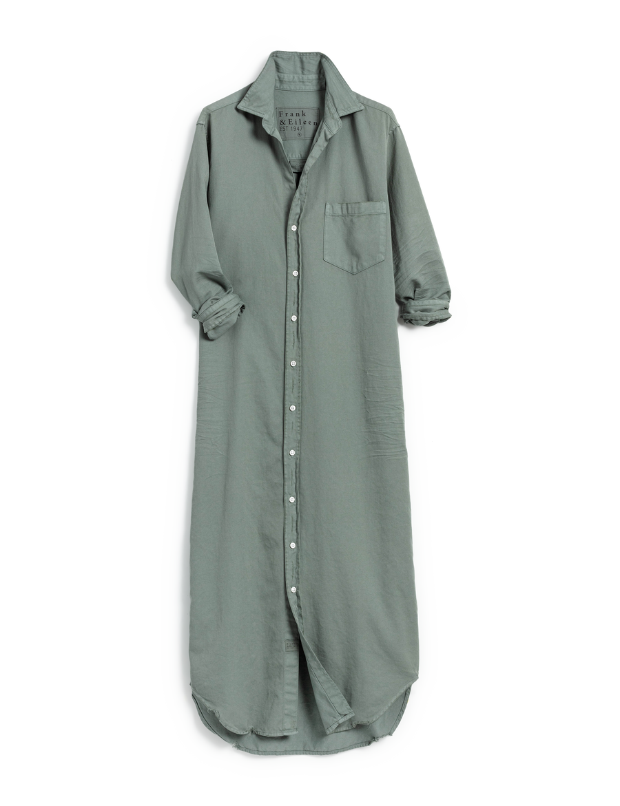 Flat front of person wearing Green Frank & Eileen Rory Maxi Shirtdress in Famous Denim