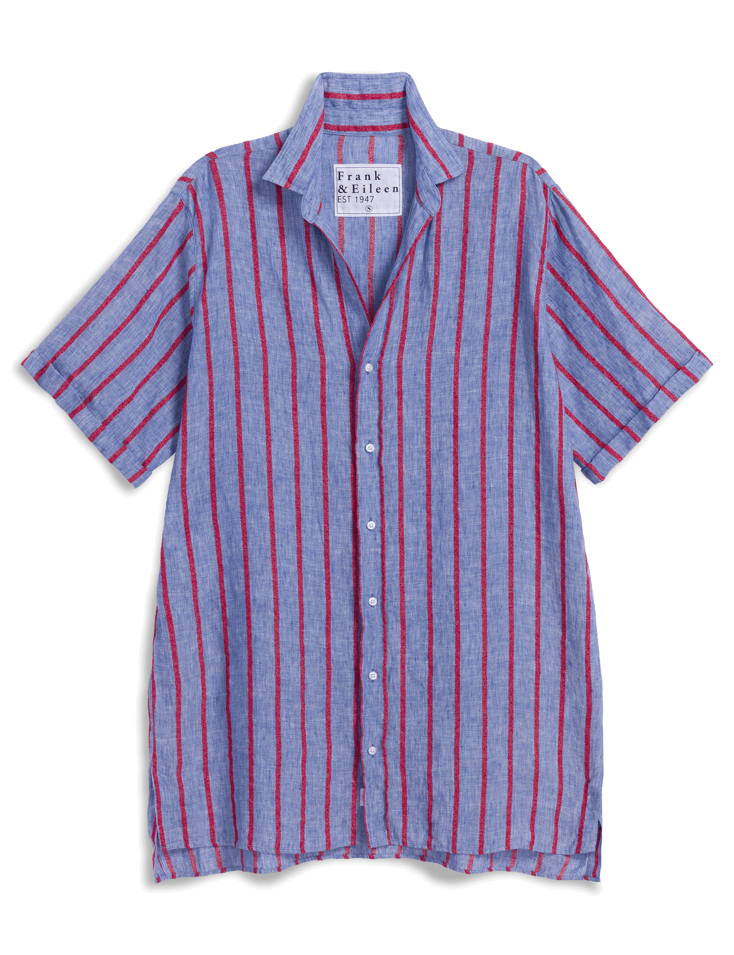 Blue and red striped shirt with a brand label on a black background, view 6