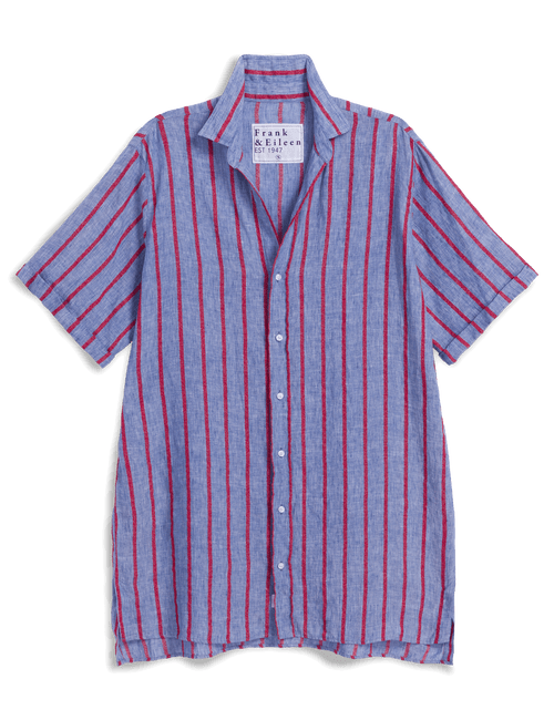 Blue and red striped shirt with a brand label on a black background, view 6