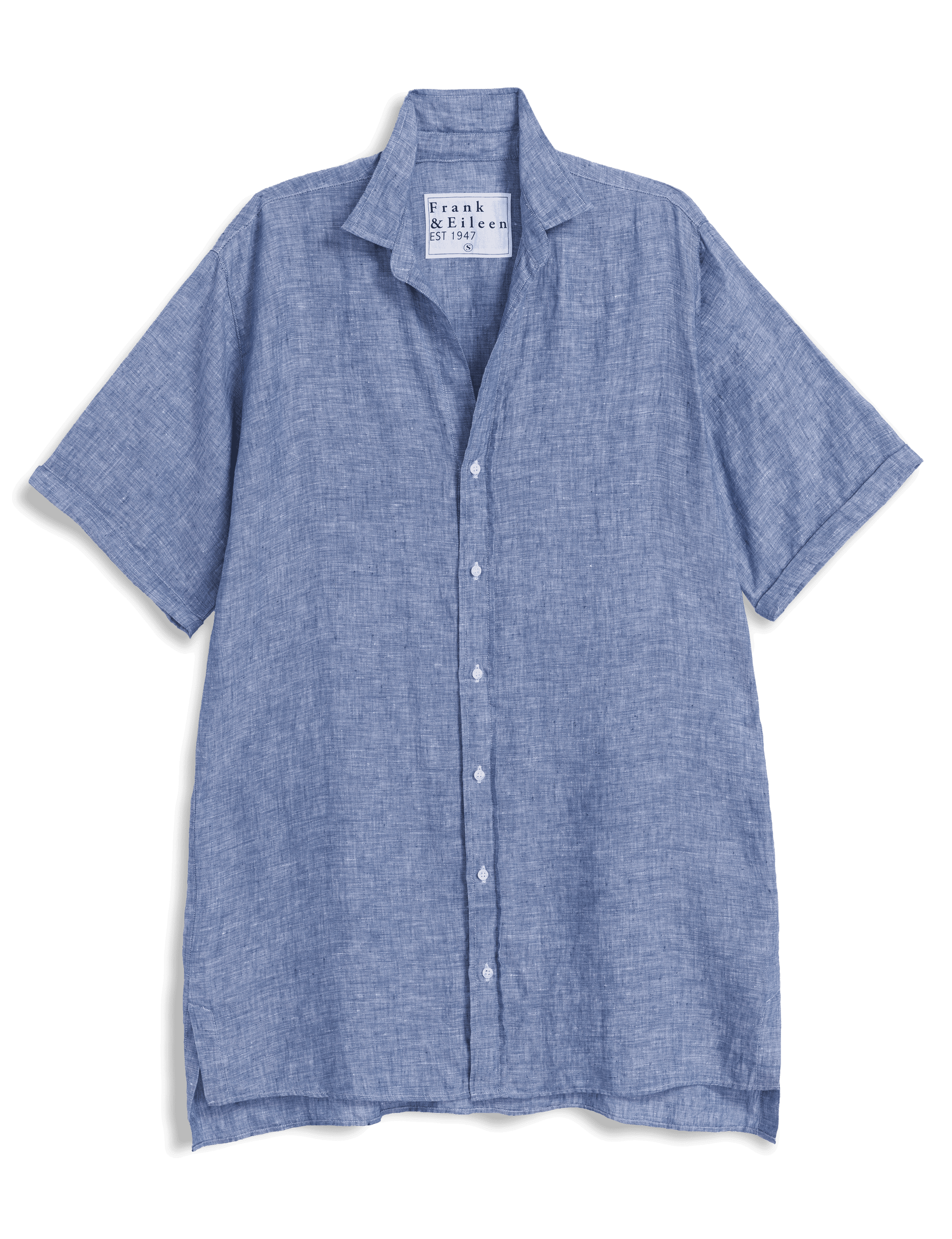 Blue short-sleeve shirt with a brand label on a transparent background, view 6