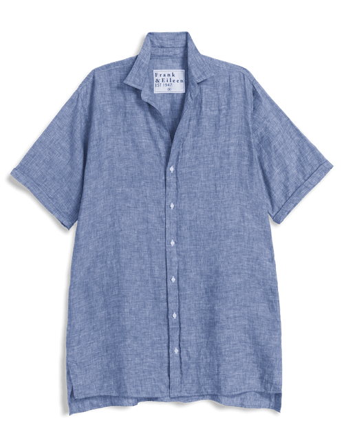 Blue short-sleeve shirt with a brand label on a transparent background, view 6