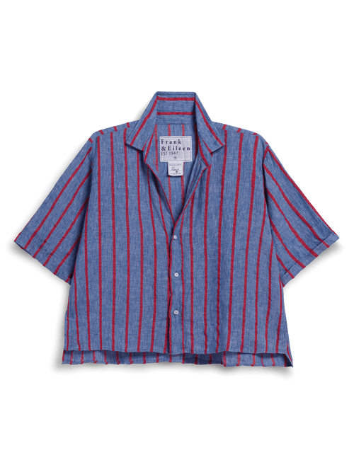 Blue and red striped shirt with a brand label on a black background, front view
