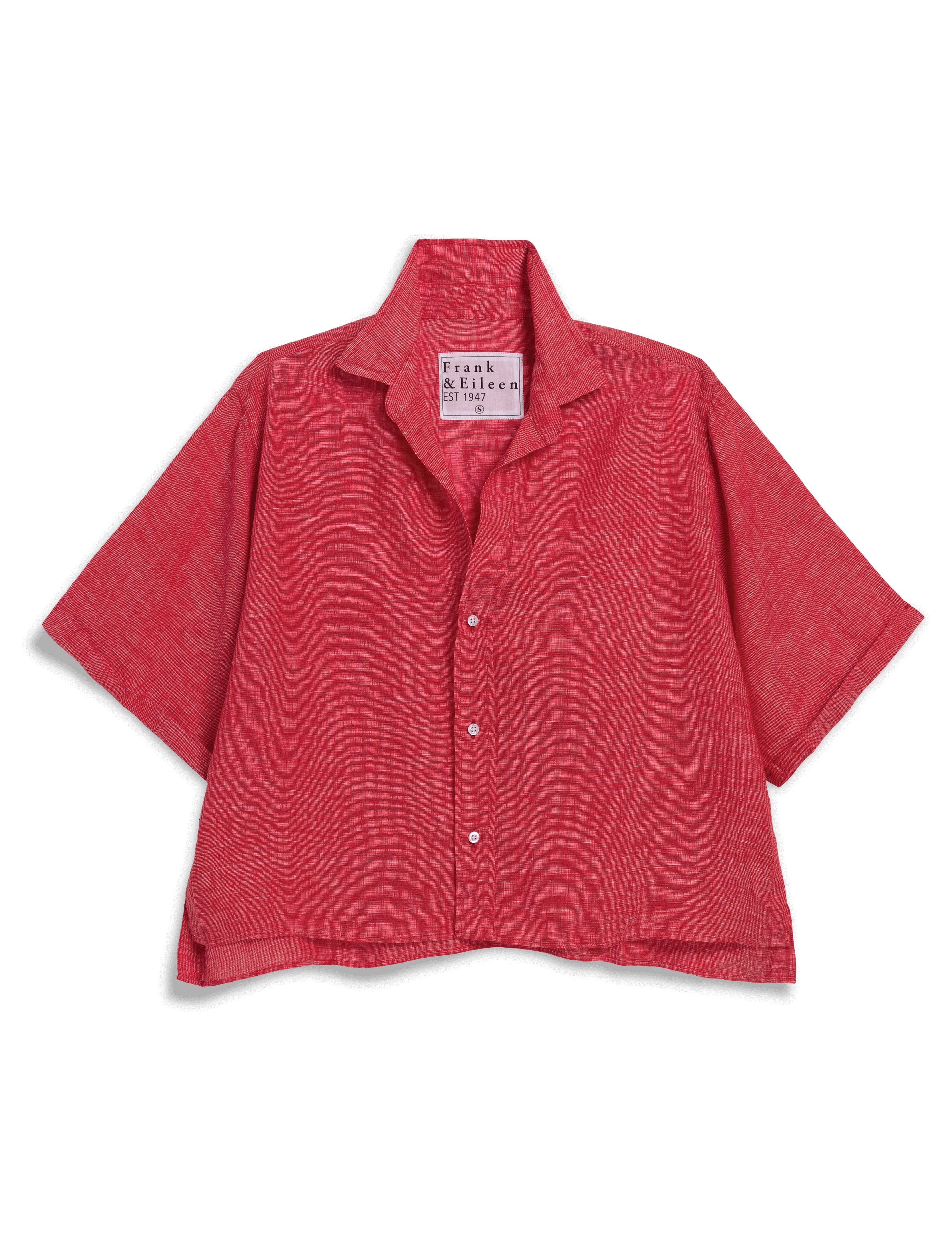Red short-sleeve shirt with a brand label on a black background, view 5