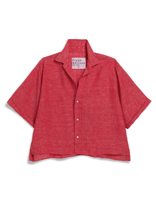Red short-sleeve shirt with a brand label on a black background, view 5