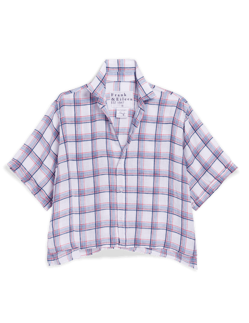 Plaid shirt with a collar on a black background, front view