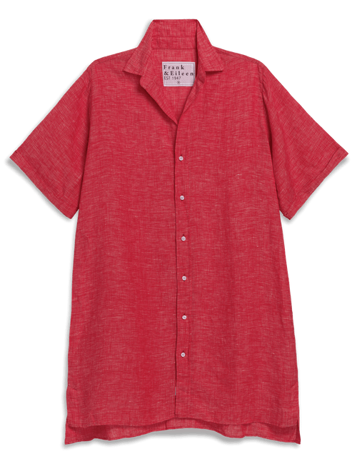 Red short-sleeve shirt dress on a black background, front view