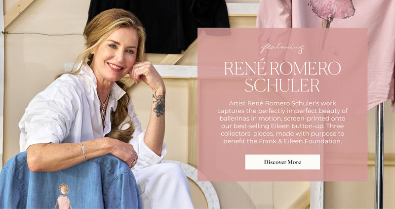 Woman sitting on a bench with a pink banner featuring text about Rene Romero Schuler's artwork.