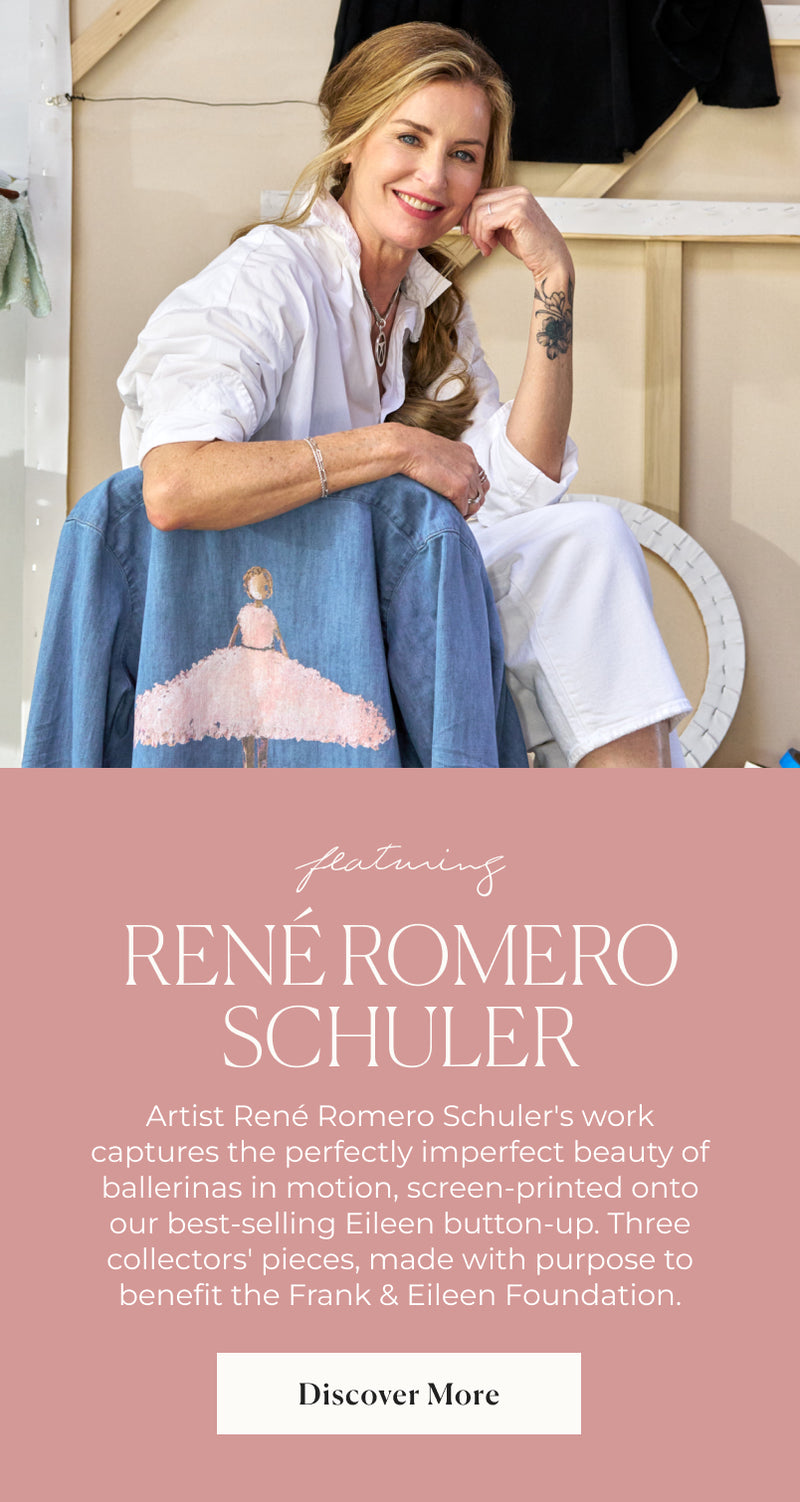 Woman sitting on a chair with a blue garment draped over her, with text about René Romero Schuler and ballet-themed product.