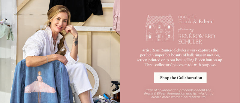 Woman sitting on a chair with a blue blanket draped over her, promotional text for 'House of Frank & Eileen' collaboration.