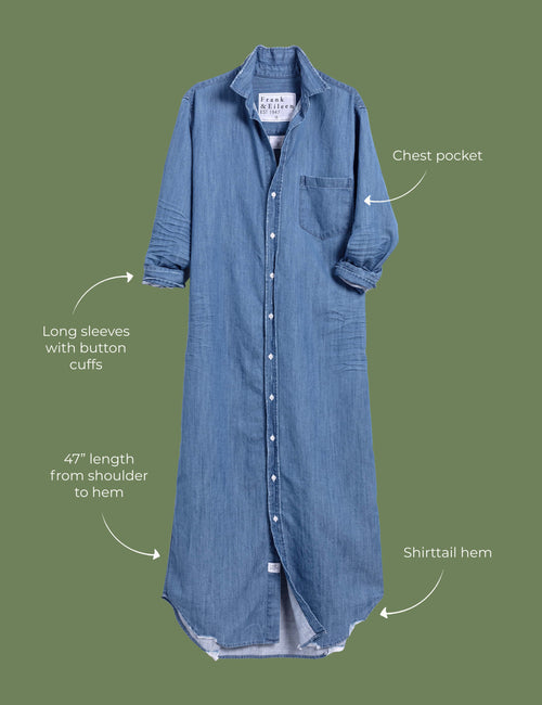 Lay flat image of the Rory dress. Arrows are pointing to different areas of the dress and text highlights features including chest pocket, long sleeves with button cuffs, 47" length from shoulder to hem, shirttail hem. , view 4