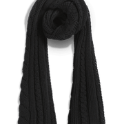A black cable-knit scarf with a twisted center and a small white brand tag near the bottom right, displayed on a clean white background.