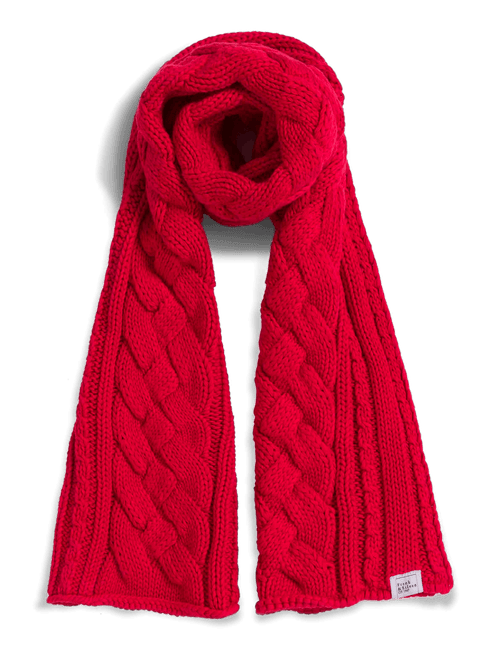 A bright red cable-knit scarf with a thick, cozy texture, styled in a loop at the top and laid flat below on a clean white background., view 4