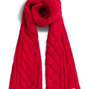 A bright red cable-knit scarf with a thick, cozy texture, styled in a loop at the top and laid flat below on a clean white background.
